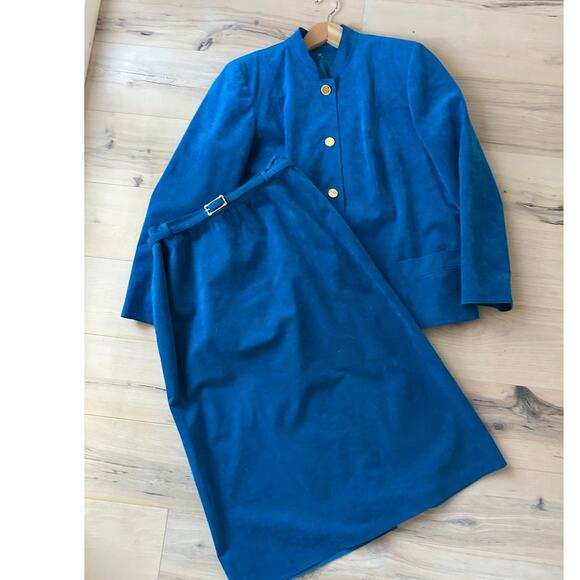 Vintage 80s Ultra Suede Womens Suit Blue Union Made Skirt/Blazer Set Size Large - Picture 2 of 13